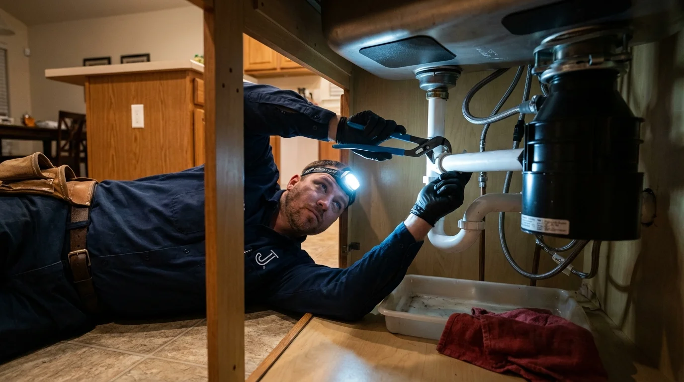 P-trap and supply line connections under a kitchen sink showing a common leak point in Richton, MS